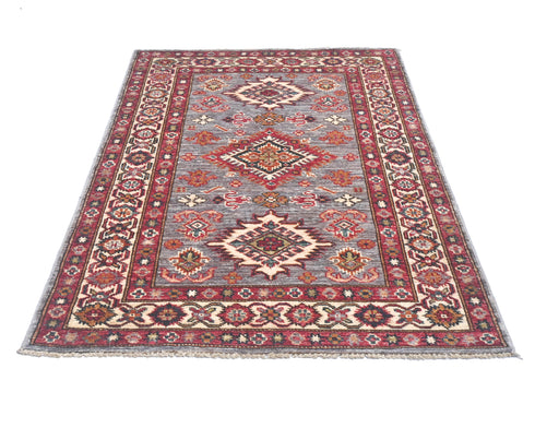 3x4 Gray Kazak Afghan Hand Knotted Geometric Wool Area Rug